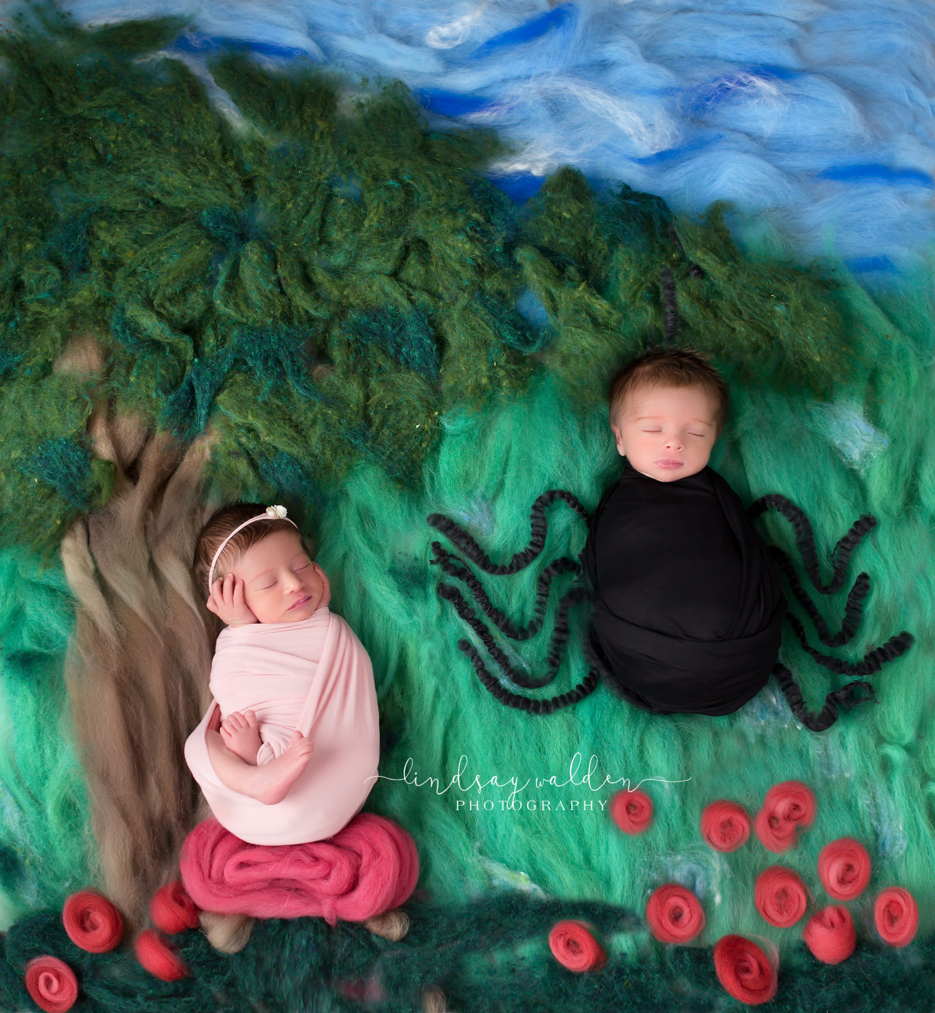 Luxury newborn photography final setup of Little Miss Muffet fairy tale themed newborn photo.