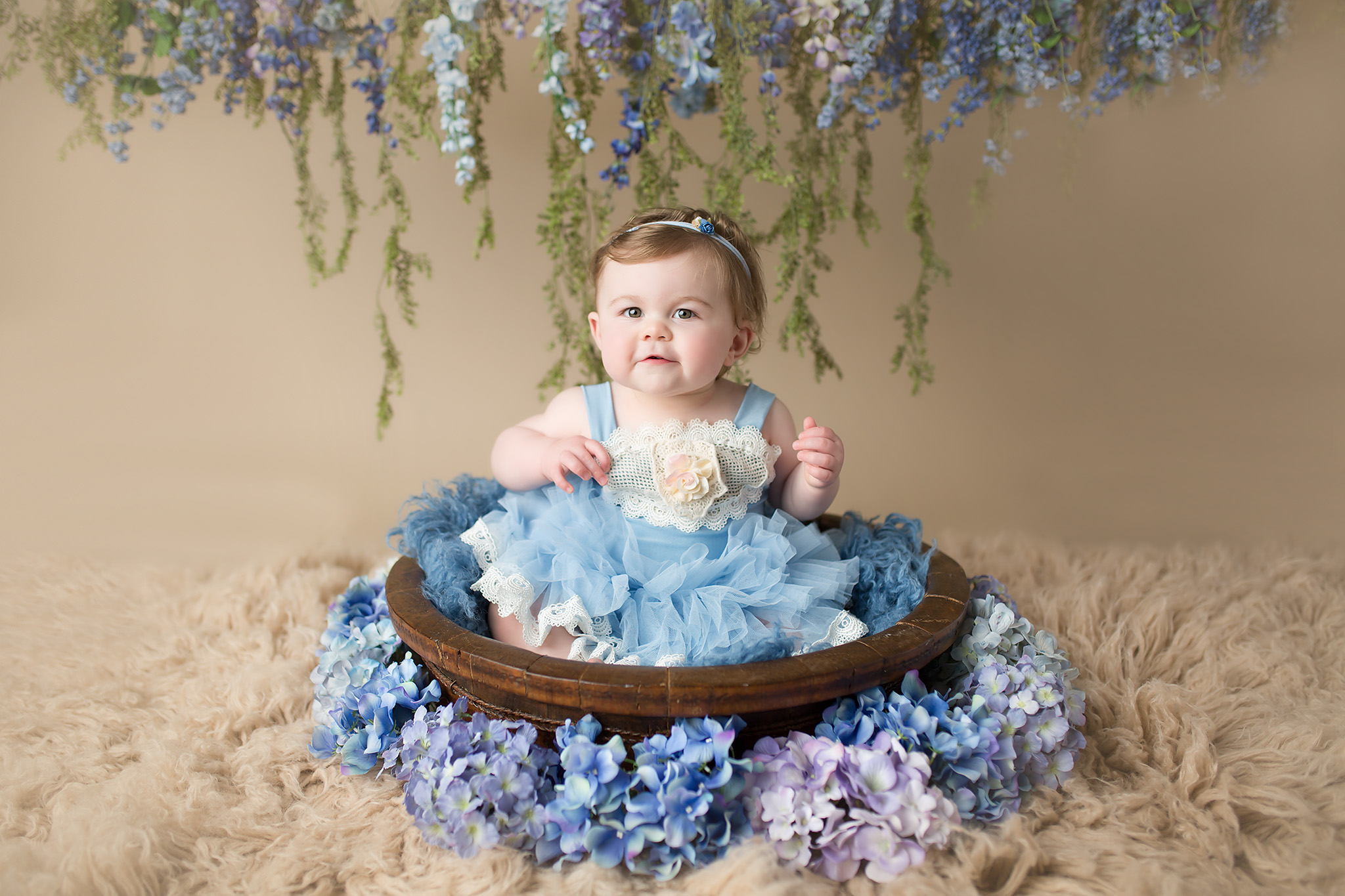 baby girl blue flowers garden sitter elegant stunning beautiful Dallas photography