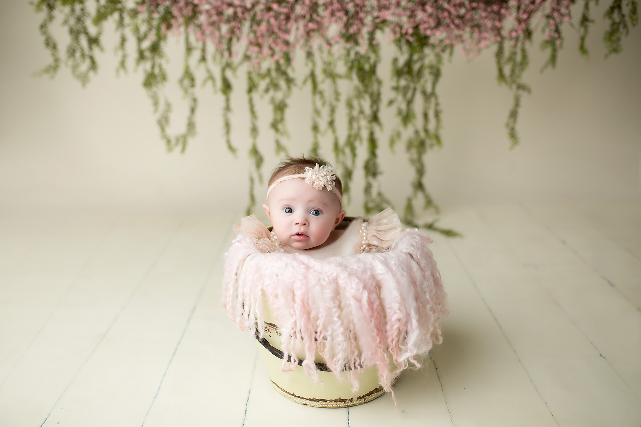baby girl elegant sweet pink flowers expressive Fort Worth photography