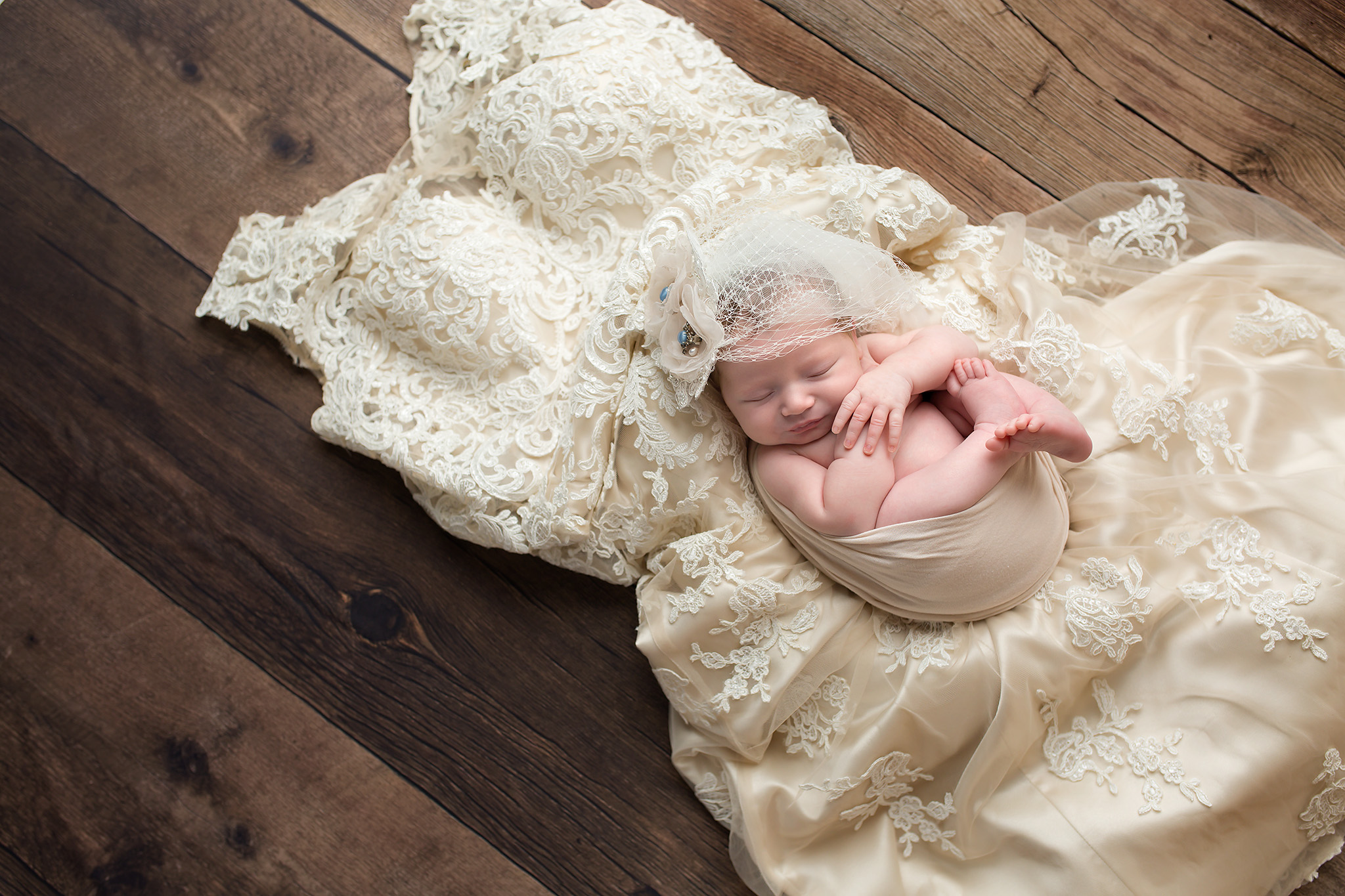 newborn baby girl vintage sophisticated classic wedding dress Dallas photography