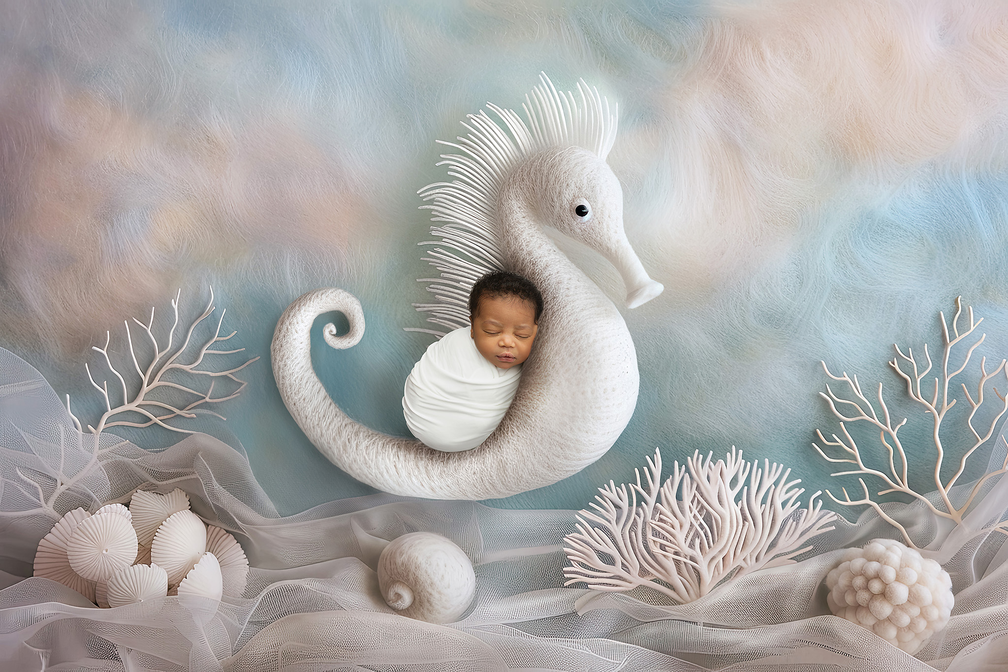 Newborn baby resting on the curve of a white seahorse.