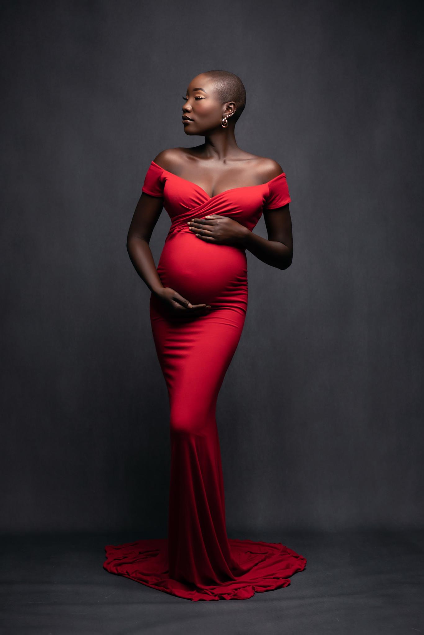 red fitted maternity gown