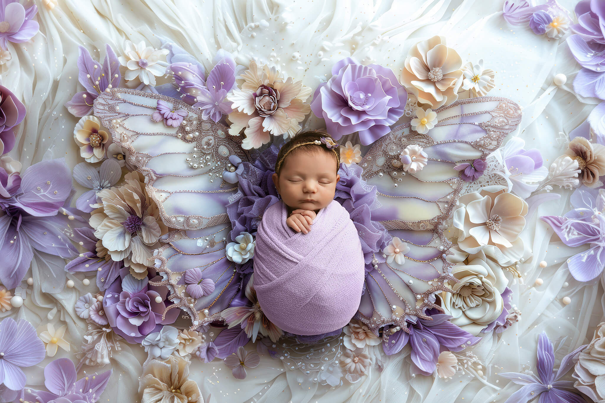 A pair of butterfly wings support a sleeping newborn baby in a matching purple swaddle and headband