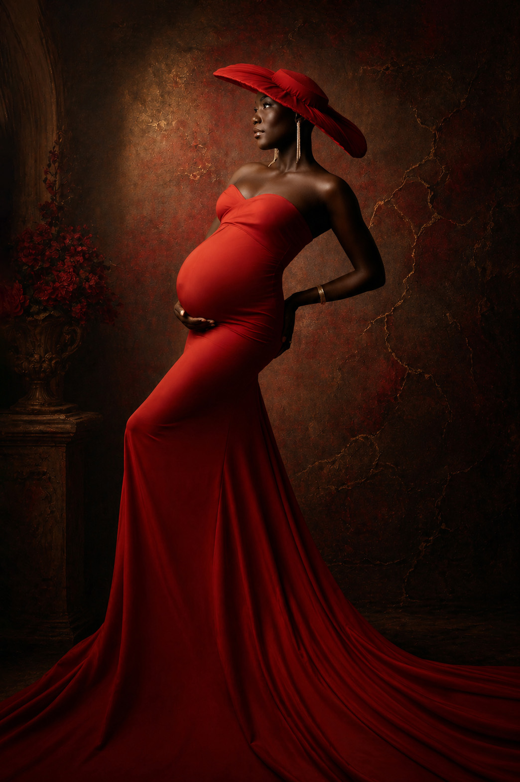Beautifully classic studio maternity photos in Dallas with dark skinned woman wearing a fitted red dress