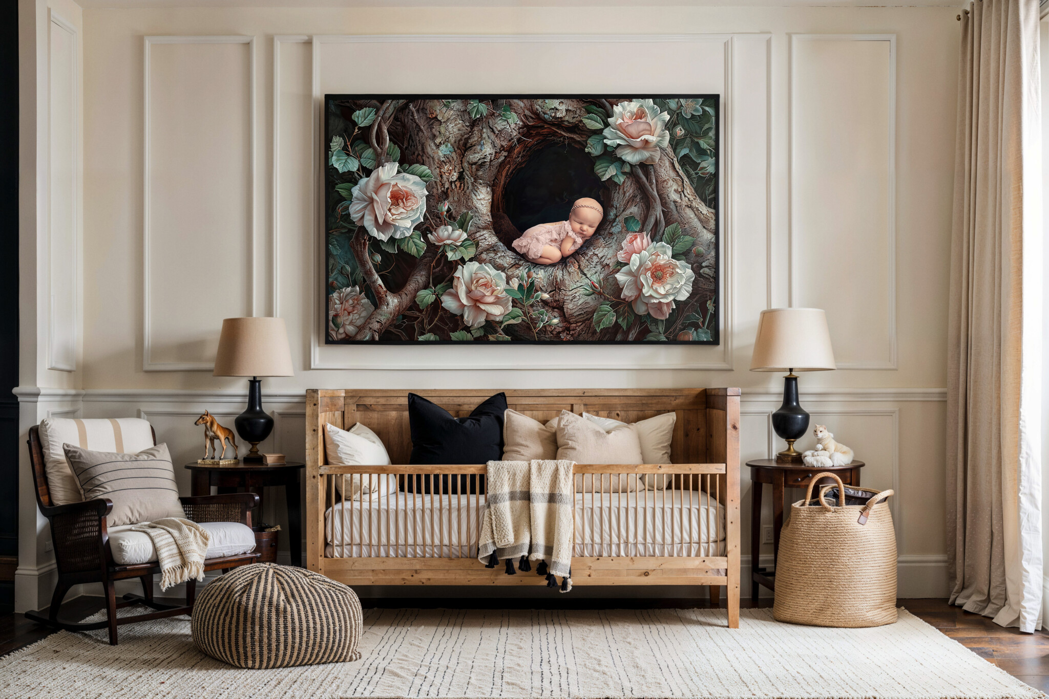 Good Nursery Ideas for Dallas Parents shown through this stunning nursery with wall art of the baby above the crib.