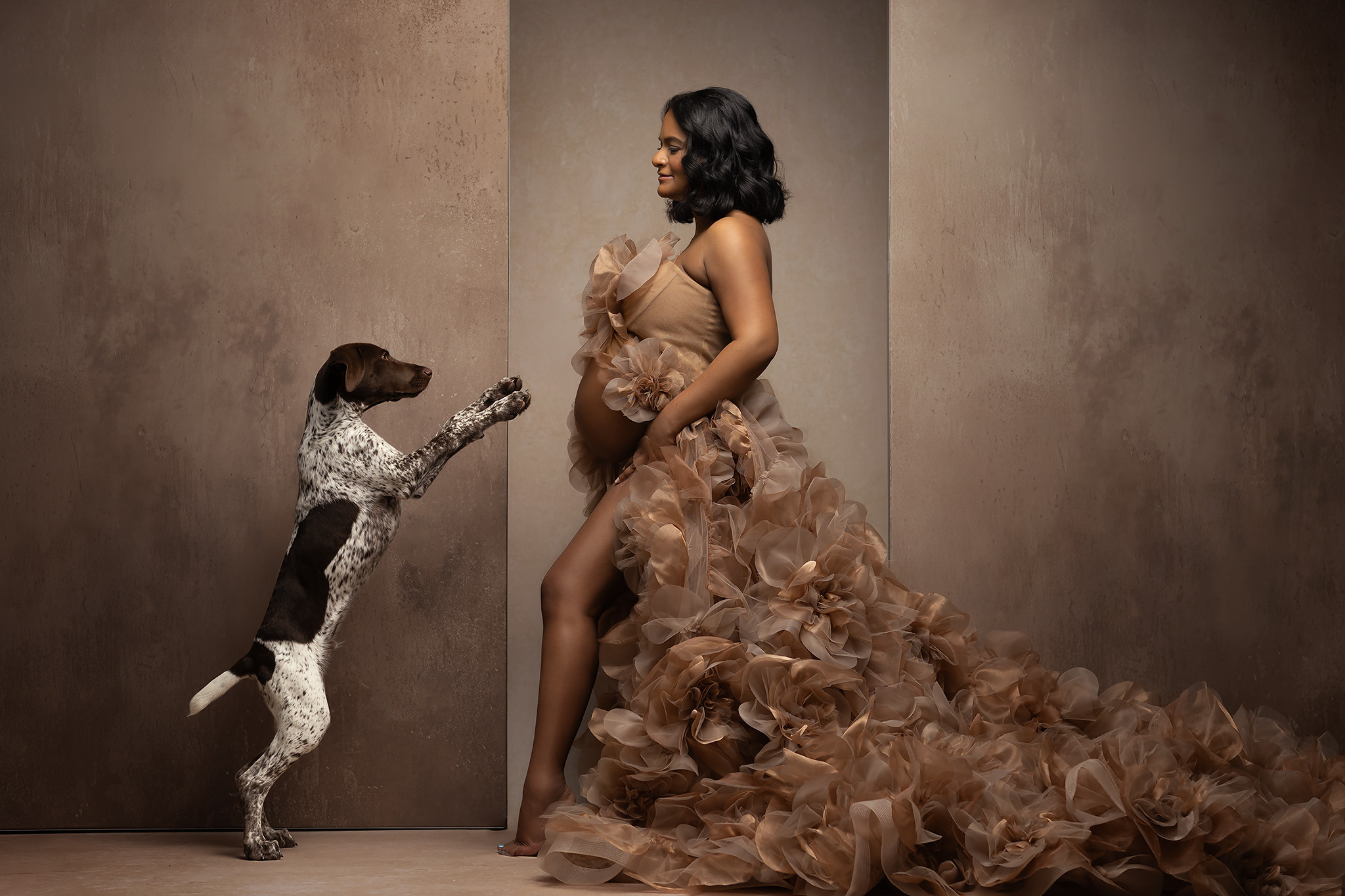 Pregnant woman in a brown floral gown with her brown and white dog jumping toward her