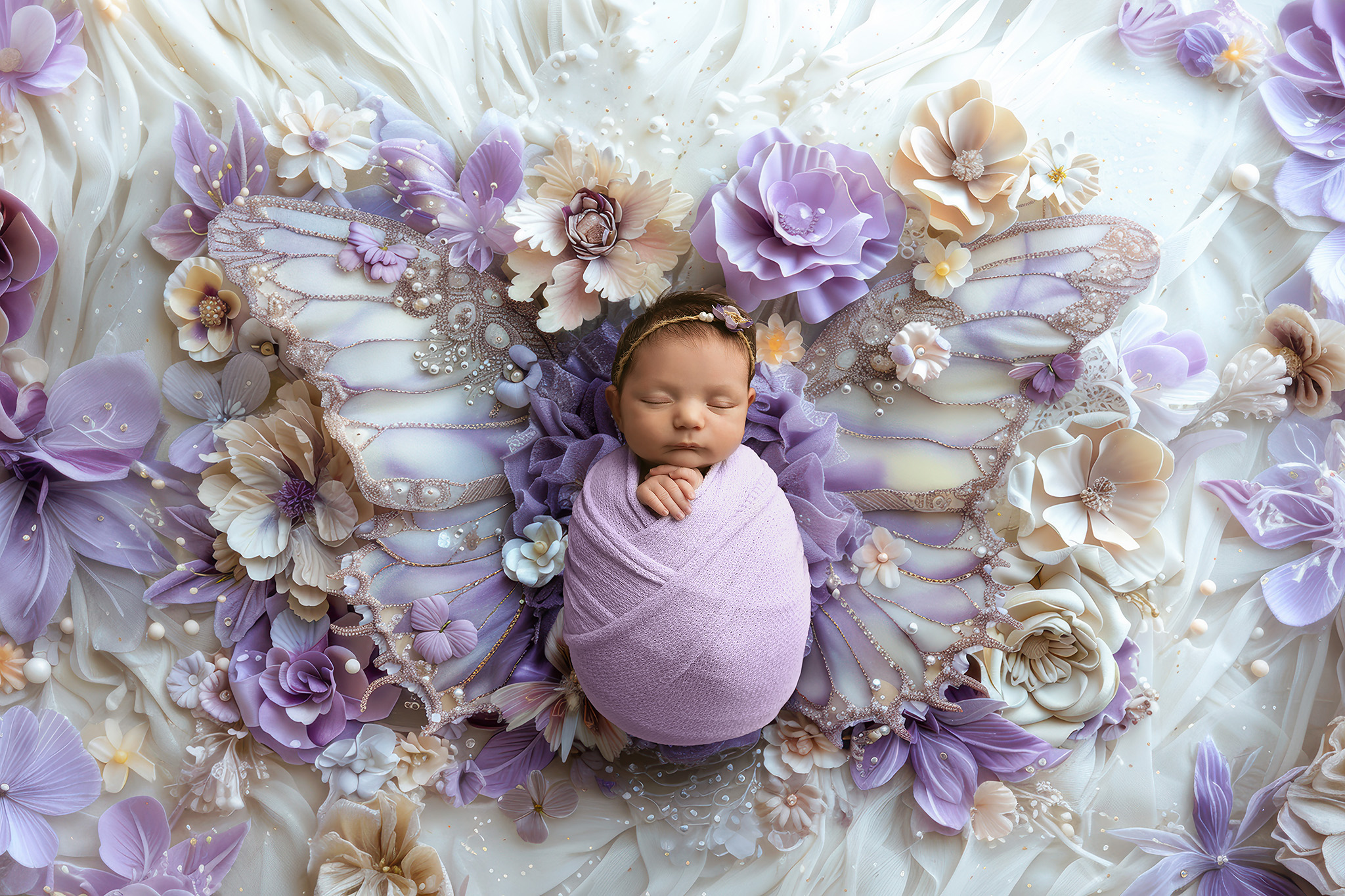 Newborn wrapped in purple laid in between butterfly wings, resembling the luxury found at baby boutiques Fort Worth.