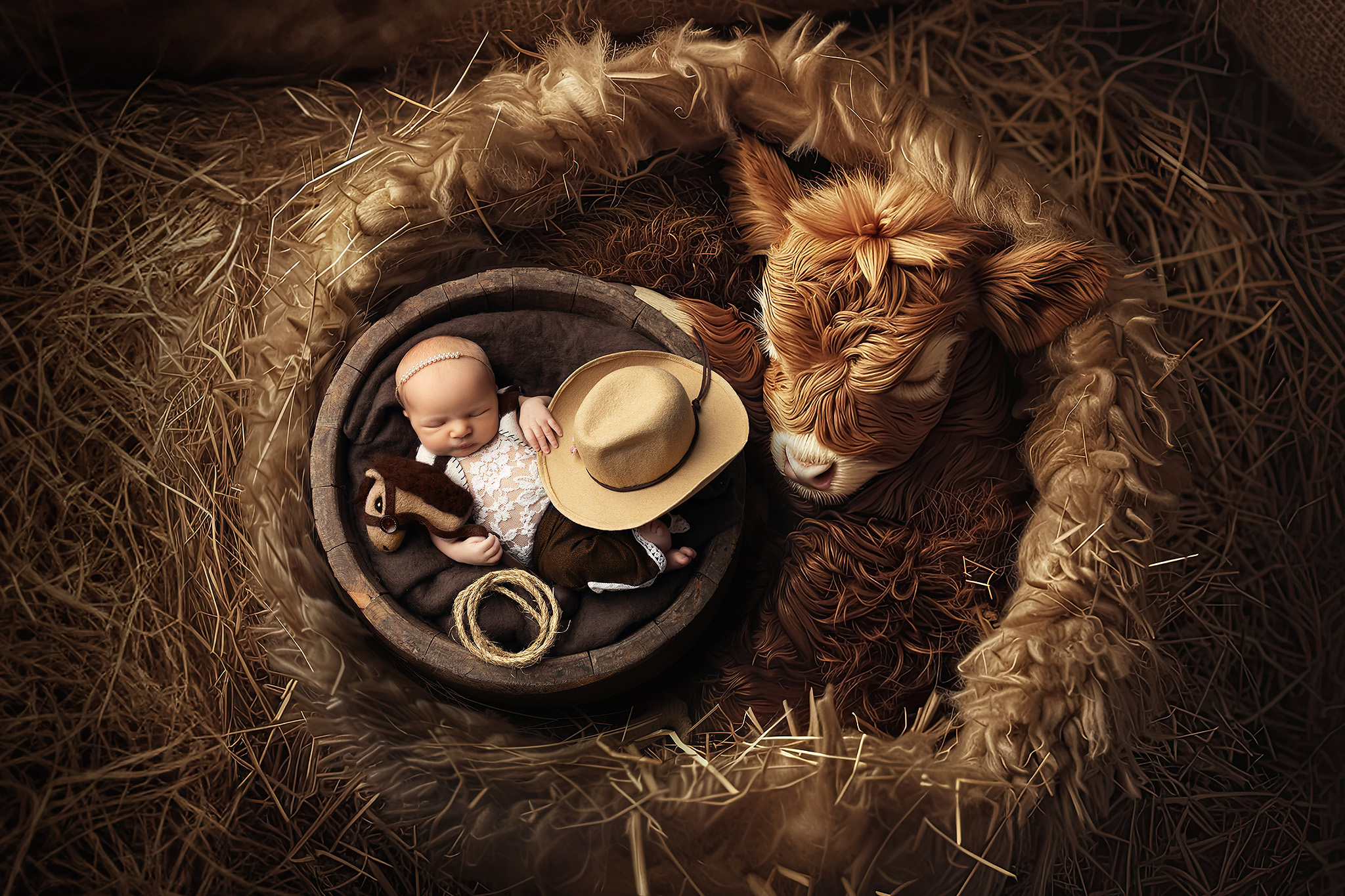 Baby resting in a bucket with cowboy equipment and a calf curled around the bucket. Some Fall activities in Dallas with babies include the State Fair.