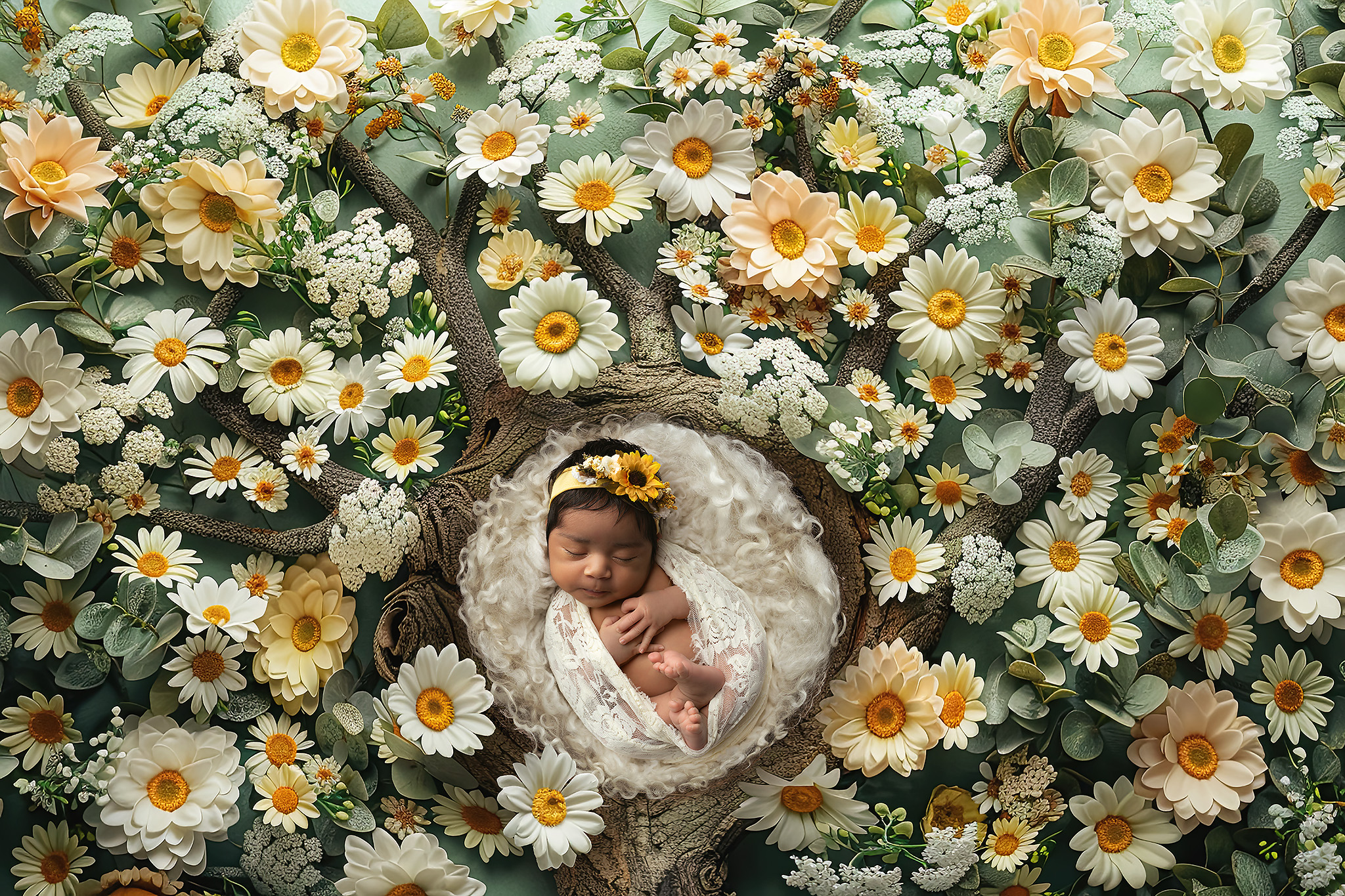 Baby resting in a bucket surrounded by daisies.