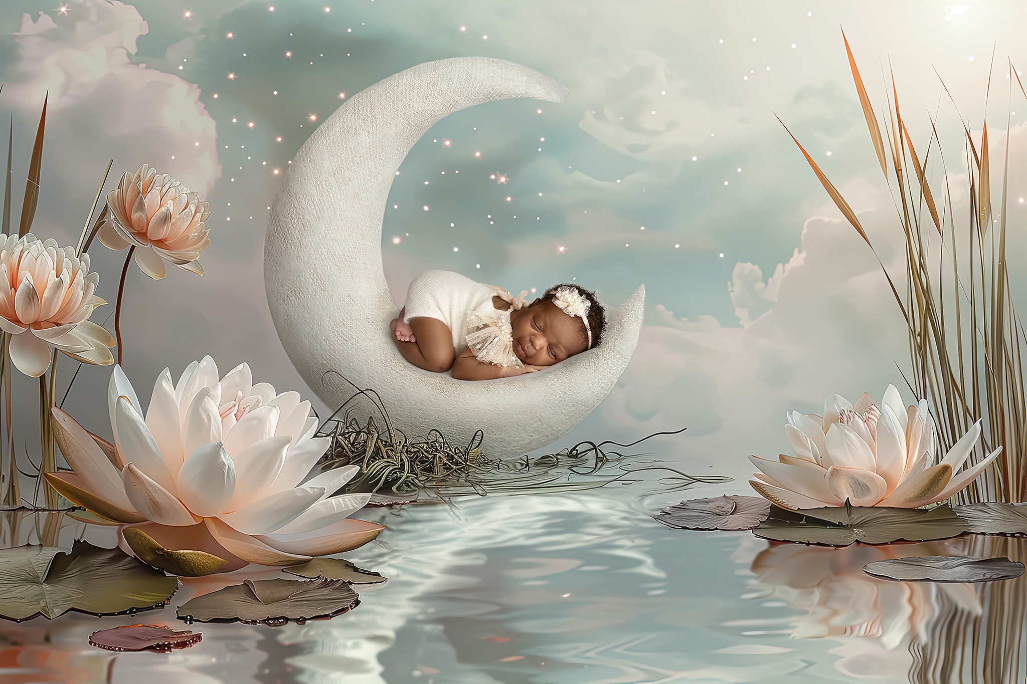 Baby resting on moon above a pond. Teach your infant swim lessons in Dallas.