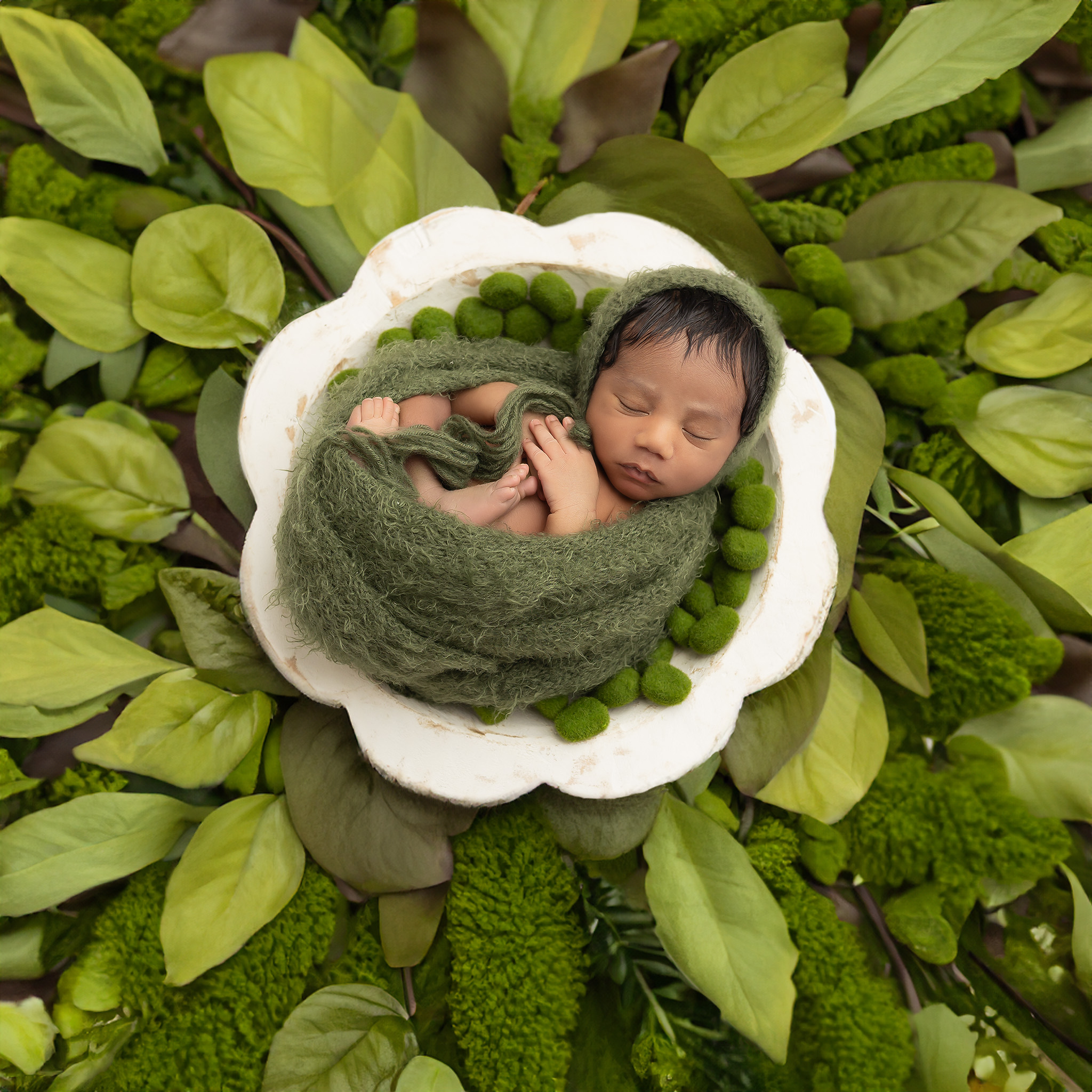 Newborn in bowl surrounded by green leaves.